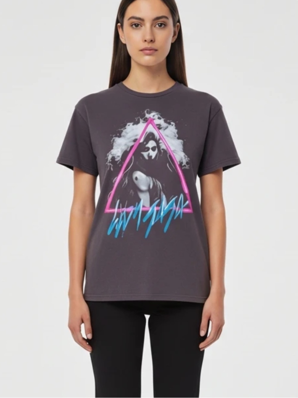 Lady Gaga Graphic Triangle Print Short Sleeve Tee - Charcoal with Neon Accents